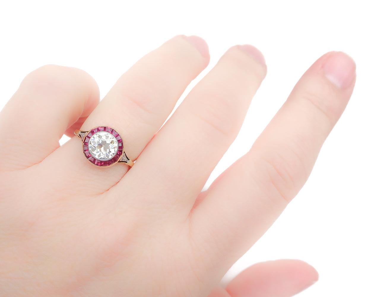 Edwardian French Diamond Ring with Ruby Halo