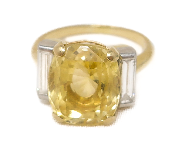 Vintage Yellow Sapphire Ring with Baguette Diamonds