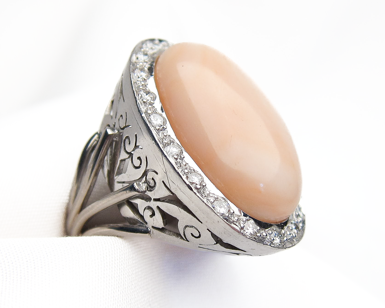 Midcentury Coral & Diamond Halo Ring