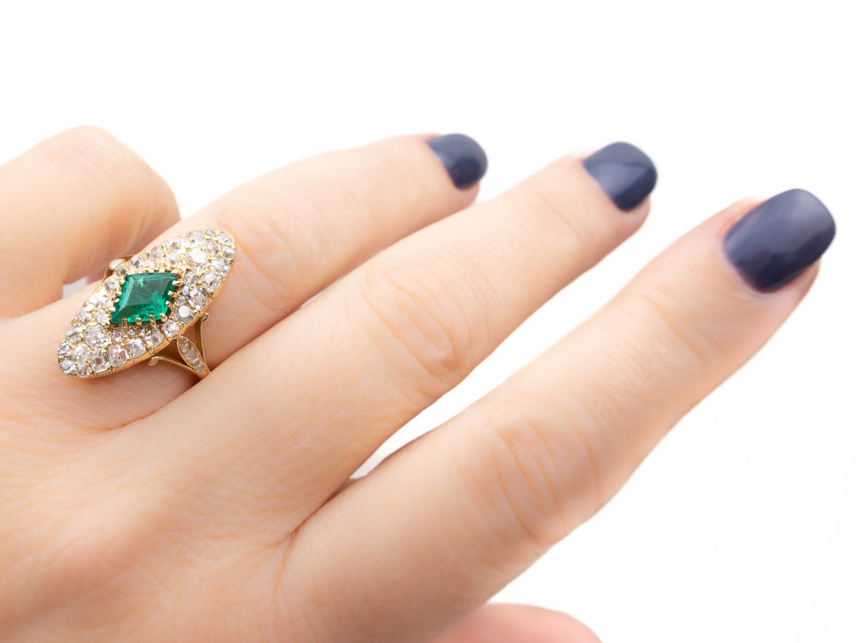 Victorian Emerald & Diamond Navette Ring