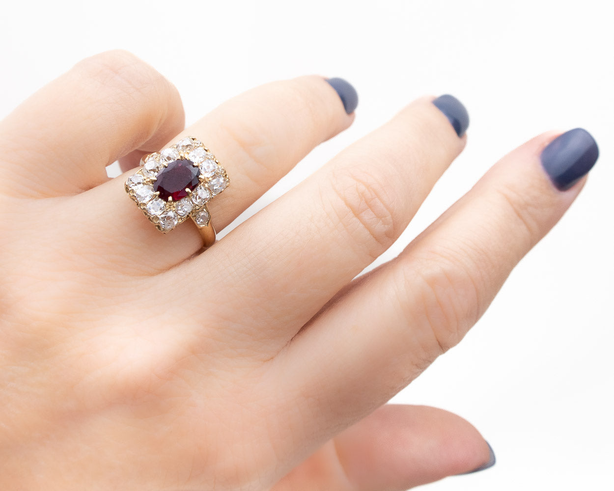 French Imperial Rectangular Ruby & Diamond Halo Ring