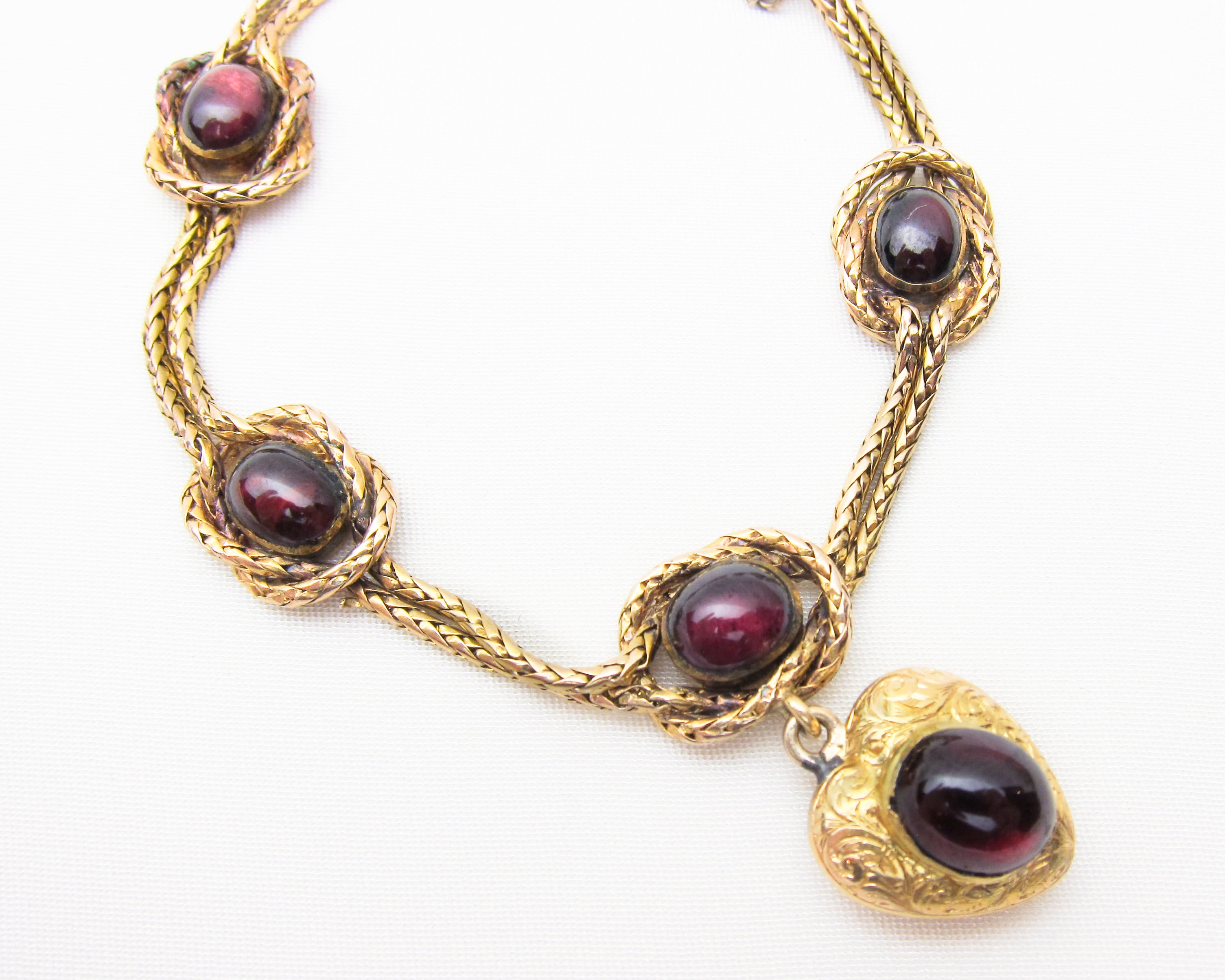 Victorian Cabochon Garnet Bracelet with Heart Charm