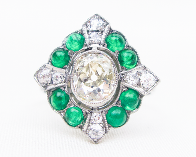 Art Deco Diamond Ring with Emerald Cabochons