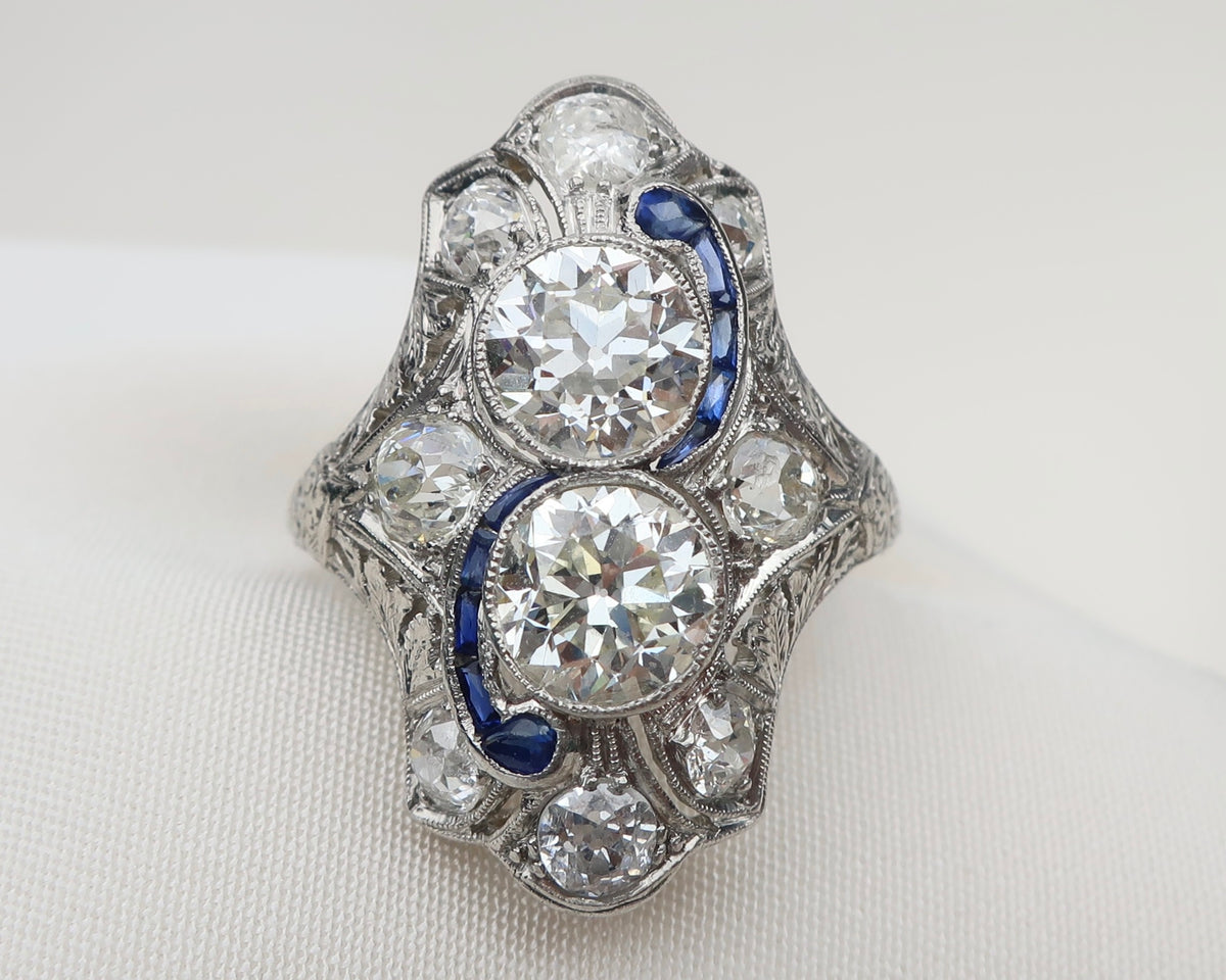 Art Deco North-South Diamond Sapphire Cocktail Ring — Isadoras