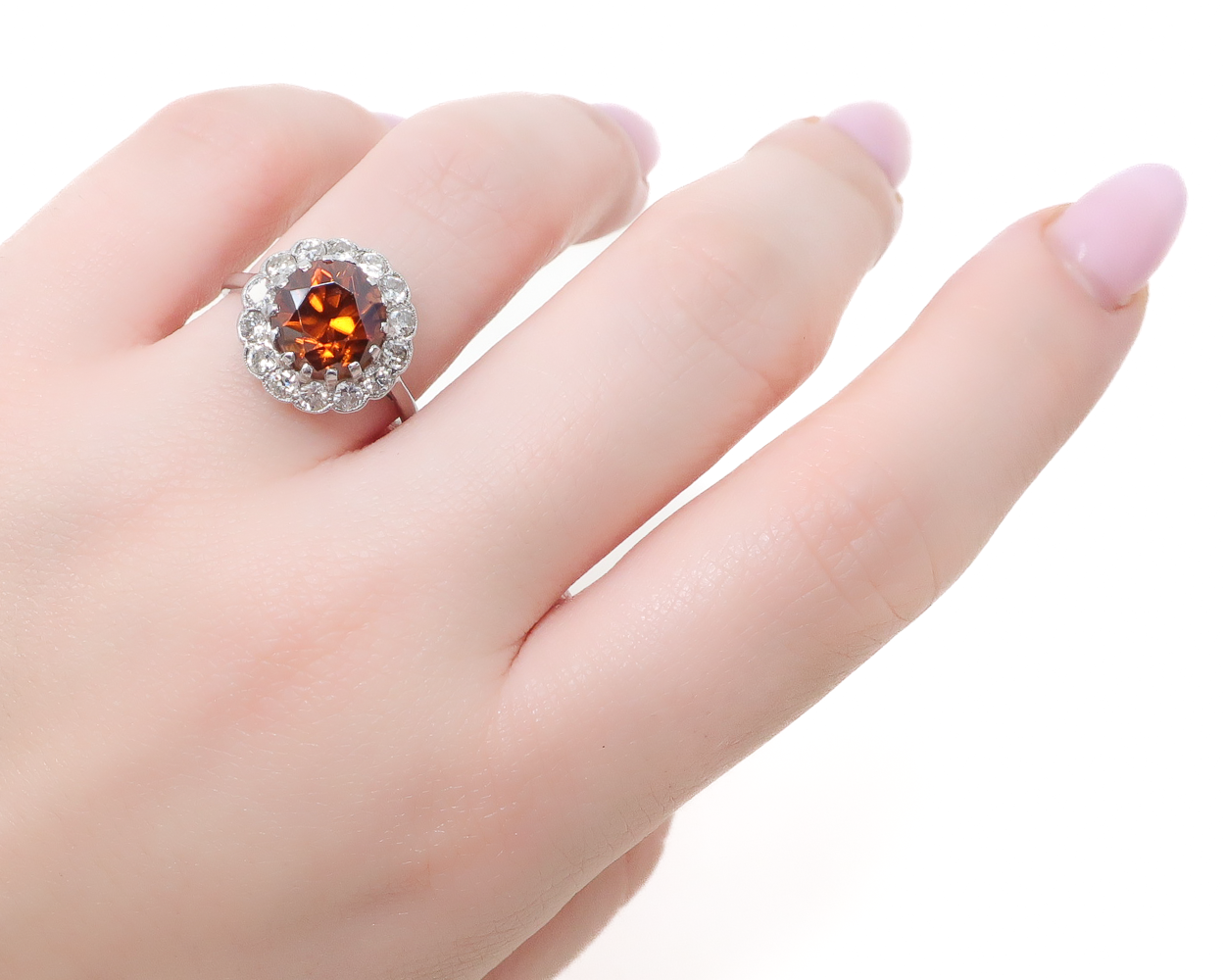 Midcentury Red Zircon Diamond Halo Ring