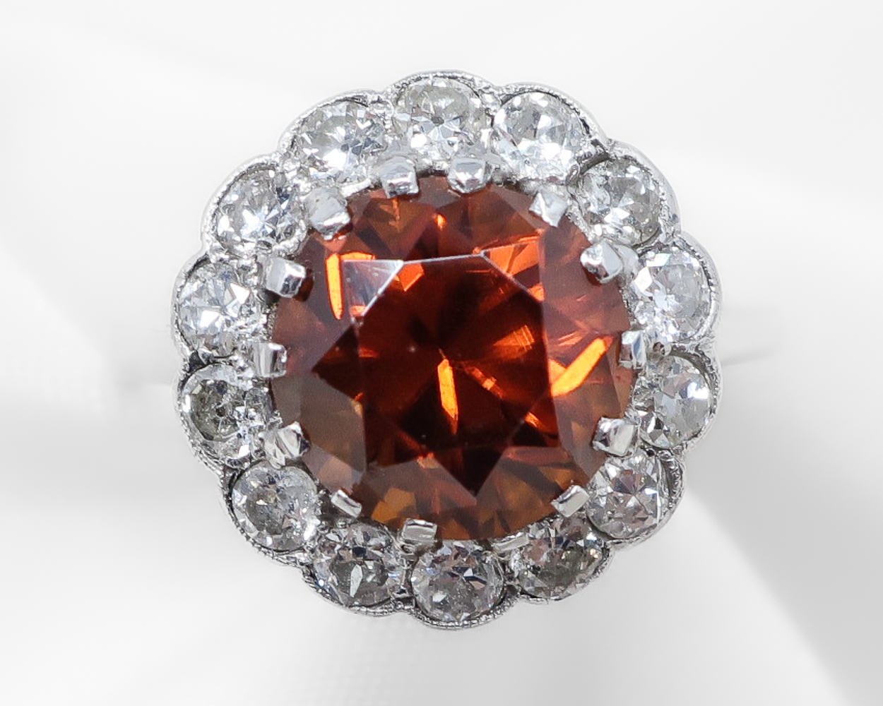 Midcentury Red Zircon Diamond Halo Ring