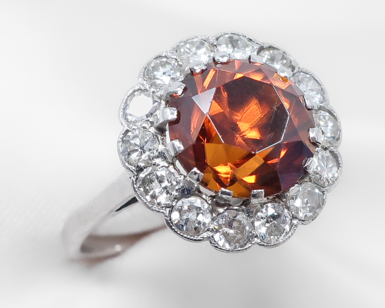 Midcentury Red Zircon Diamond Halo Ring