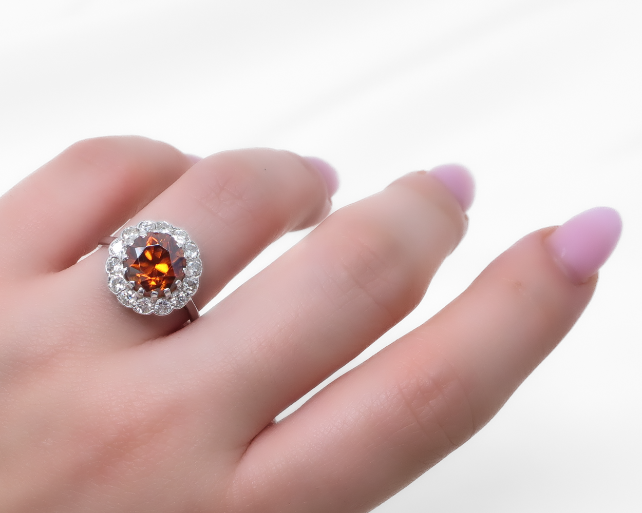 Midcentury Red Zircon Diamond Halo Ring