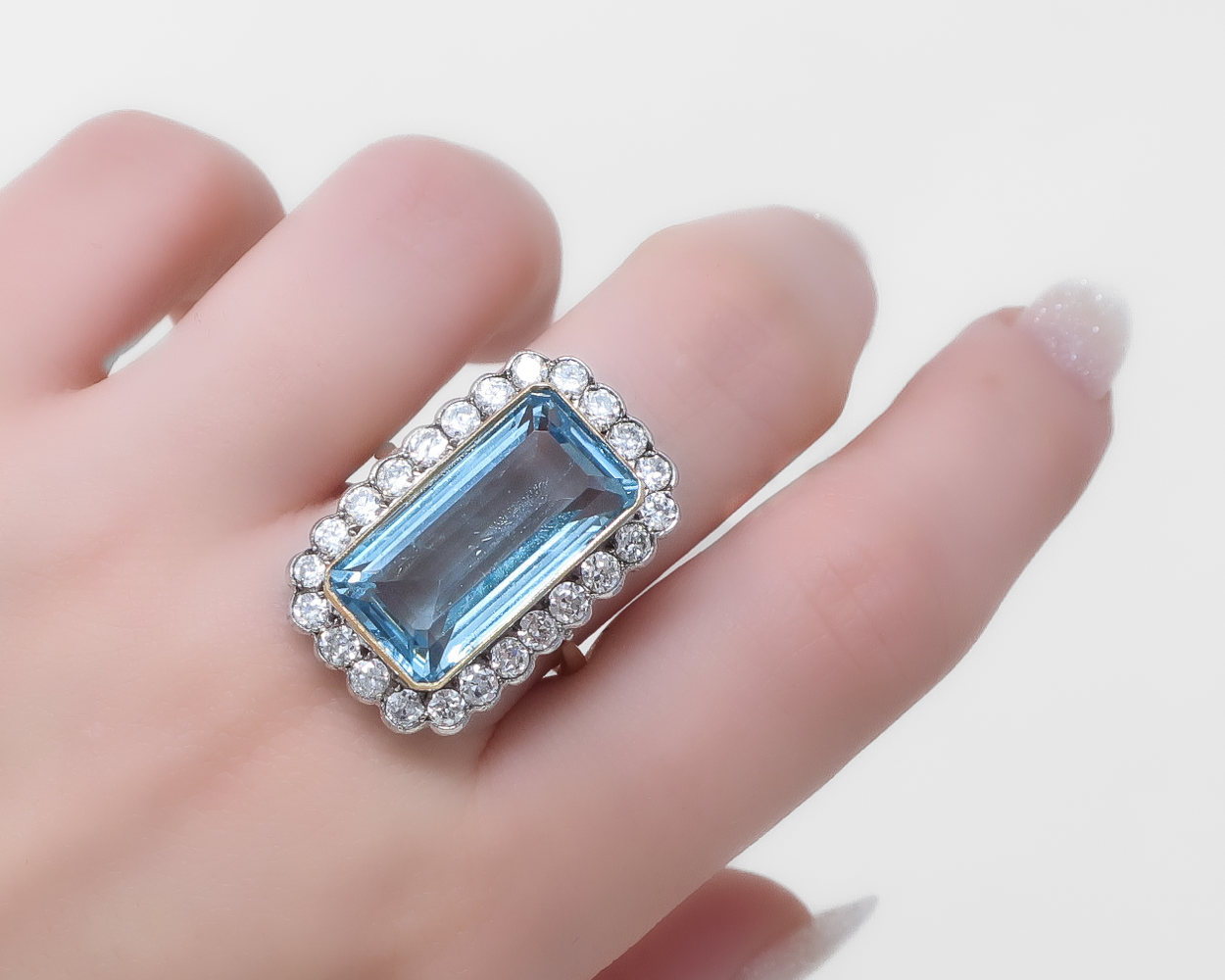 Art Deco Aquamarine & Diamond Halo Ring