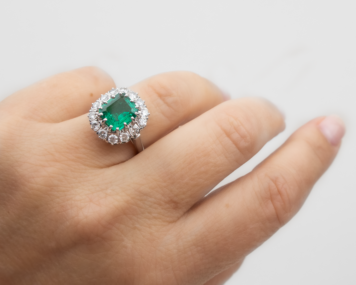 Midcentury Emerald & Diamond Halo Ring