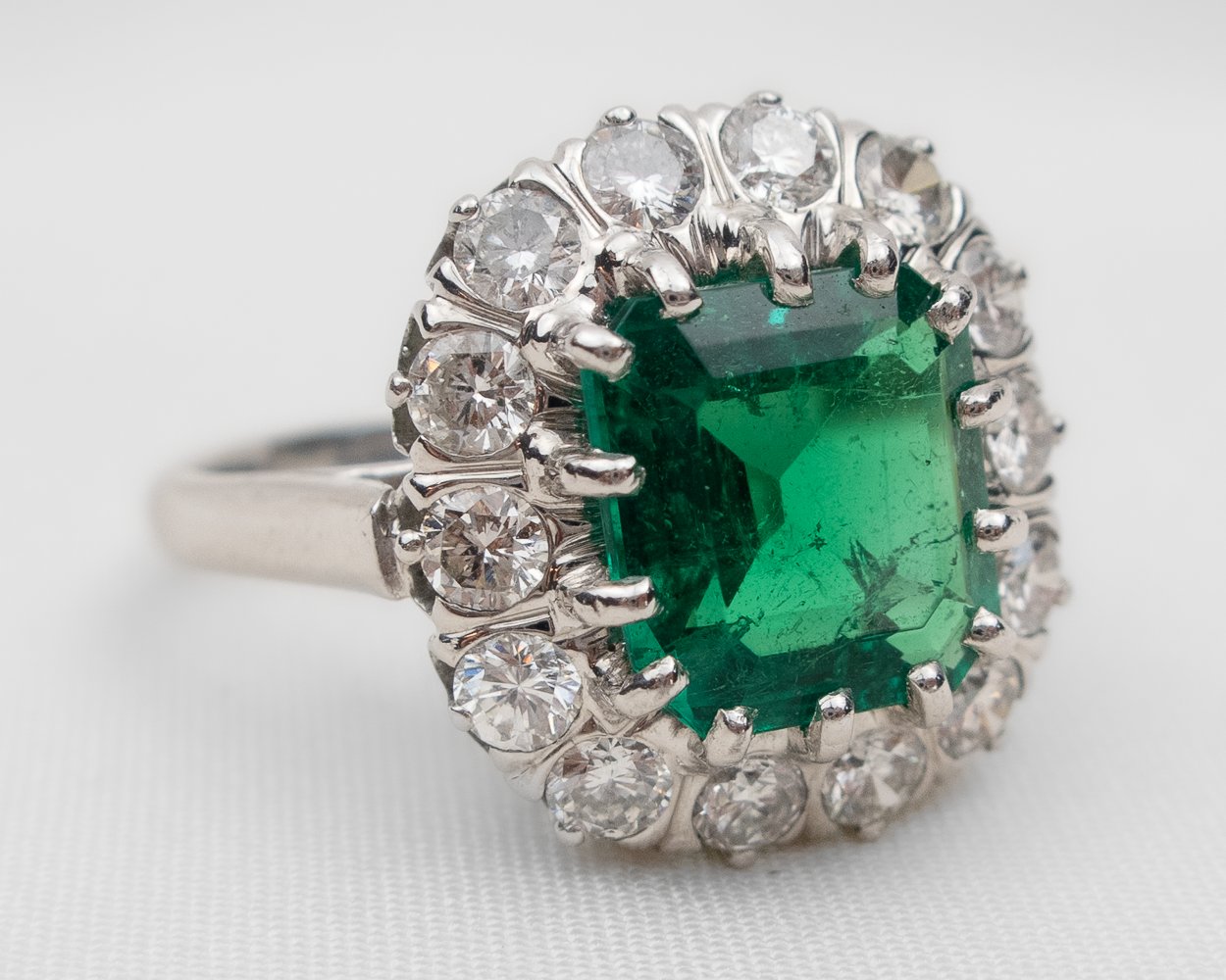 Midcentury Emerald & Diamond Halo Ring