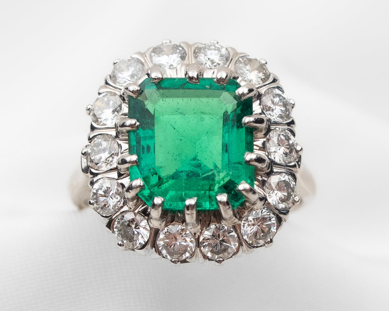 Midcentury Emerald & Diamond Halo Ring