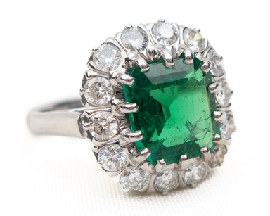 Midcentury Emerald & Diamond Halo Ring