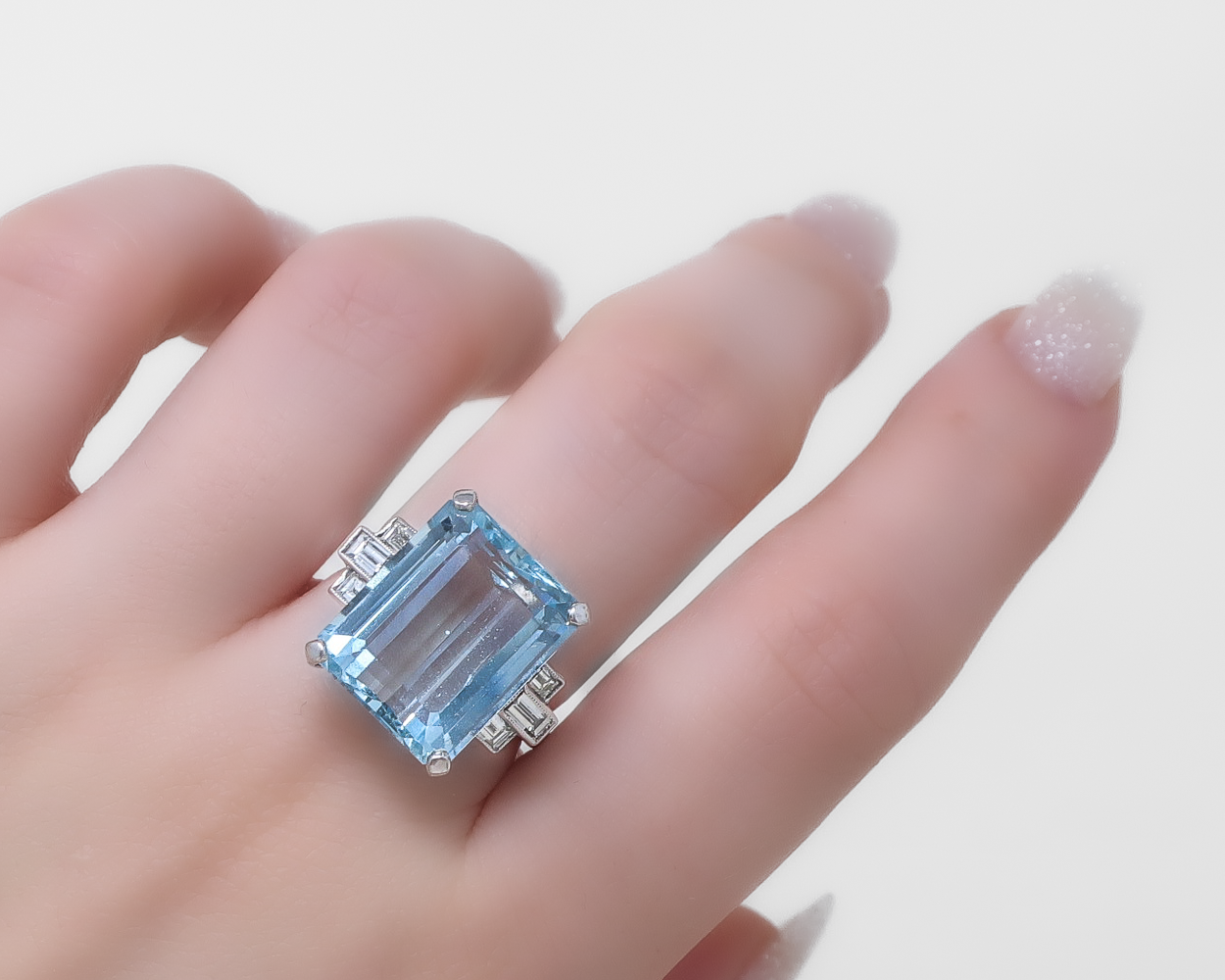 Midcentury Aquamarine Ring with Baguette Diamonds