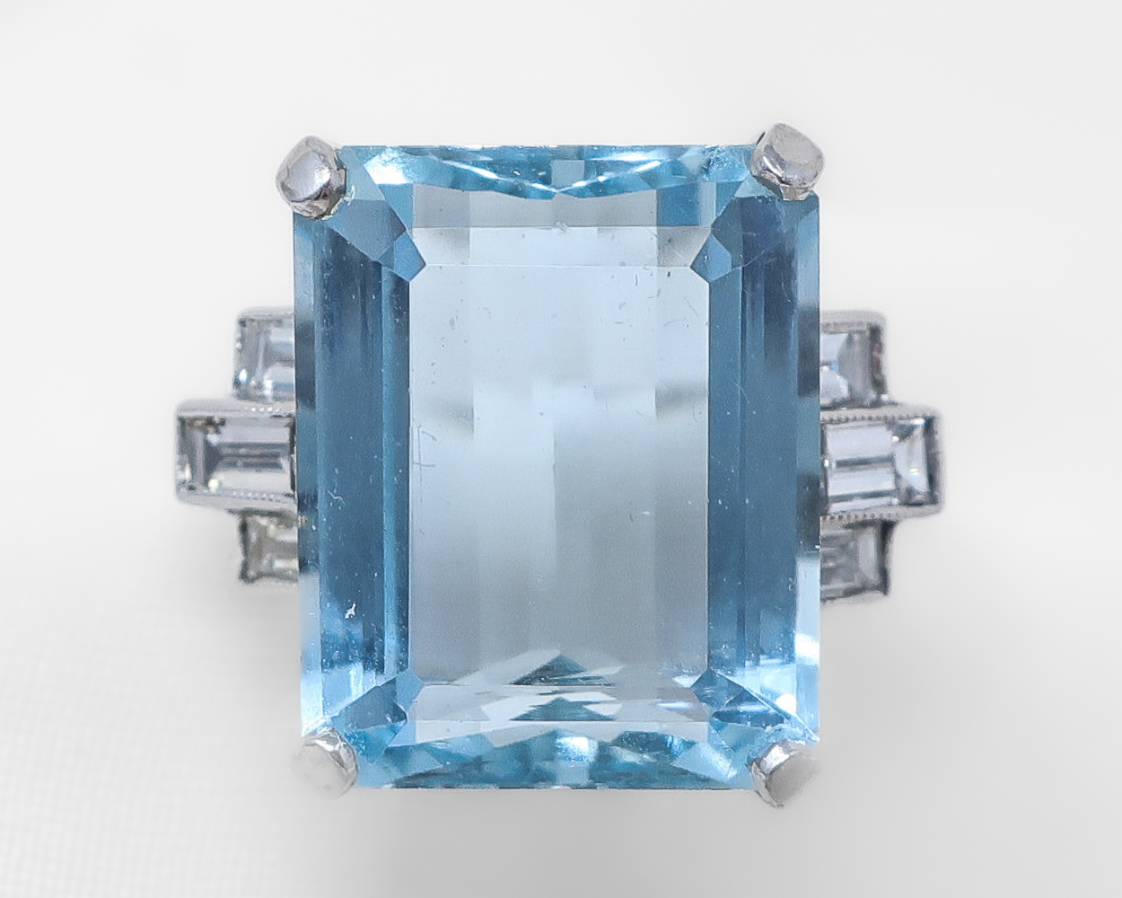 Midcentury Aquamarine Ring with Baguette Diamonds