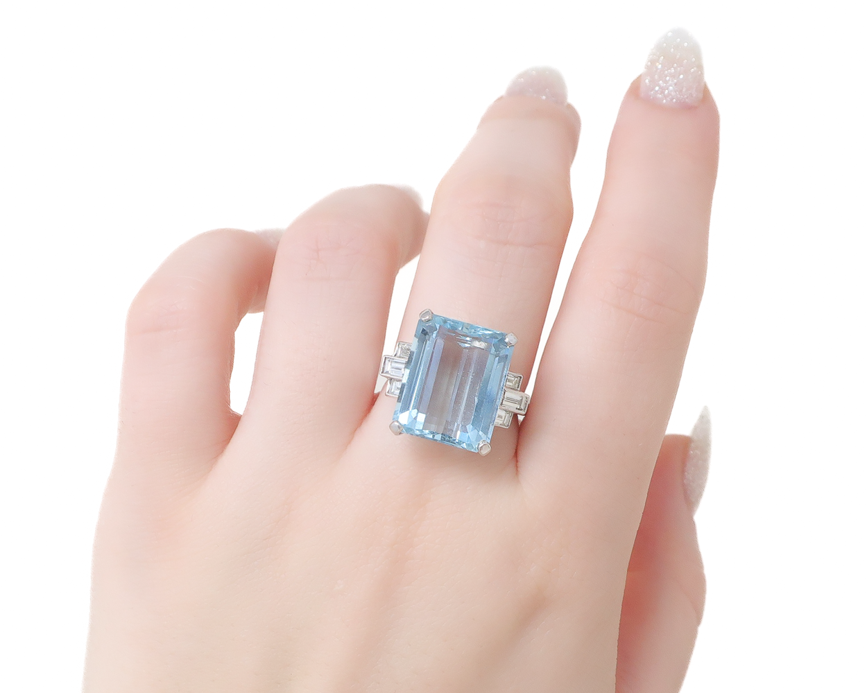 Midcentury Aquamarine Ring with Baguette Diamonds