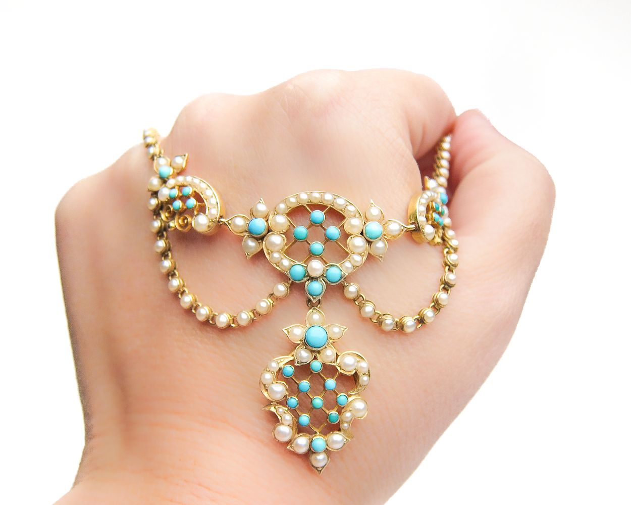 Victorian Pearl & Turquoise Festoon Necklace