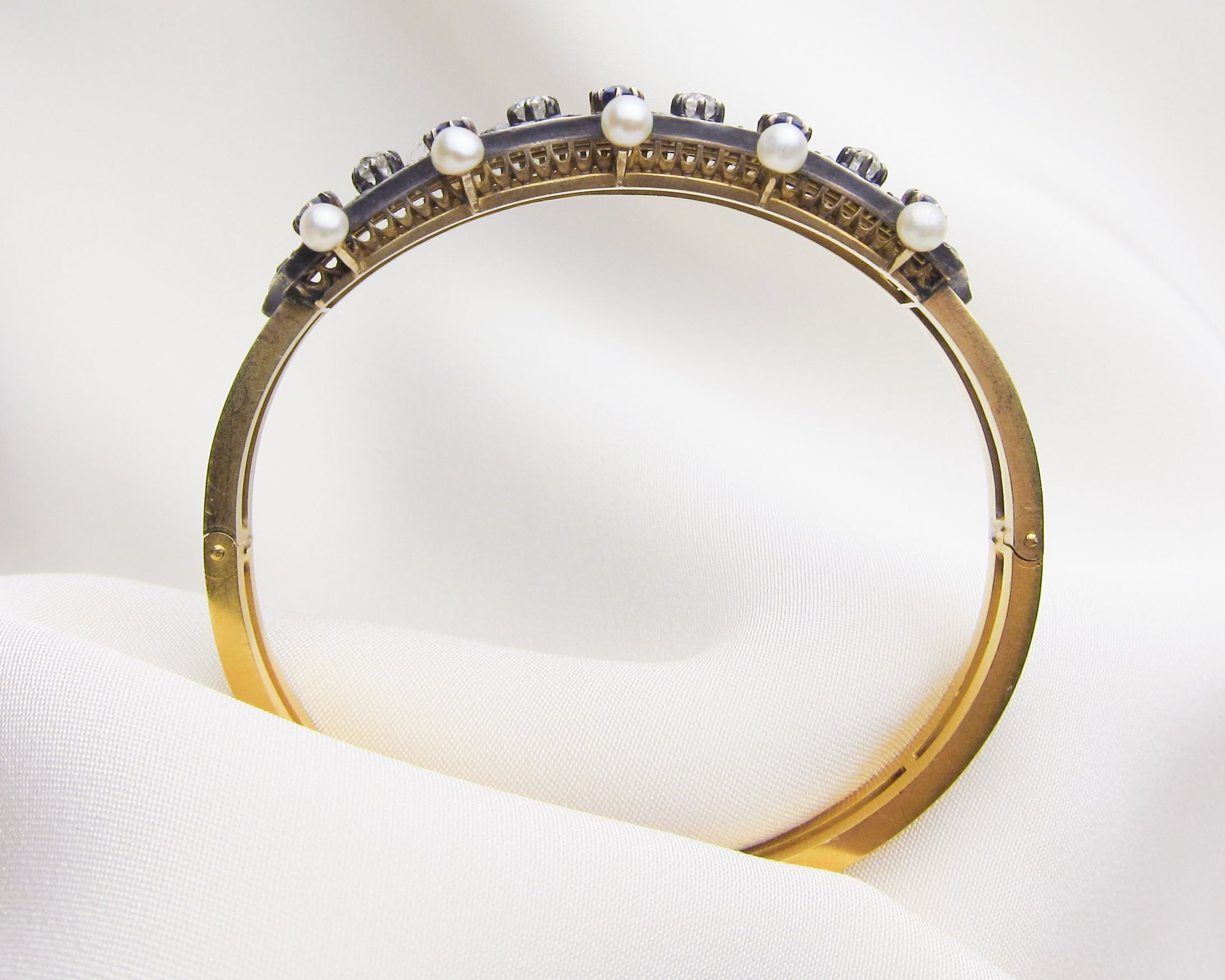 Victorian French Diamond, Sapphire & Pearl Bangle