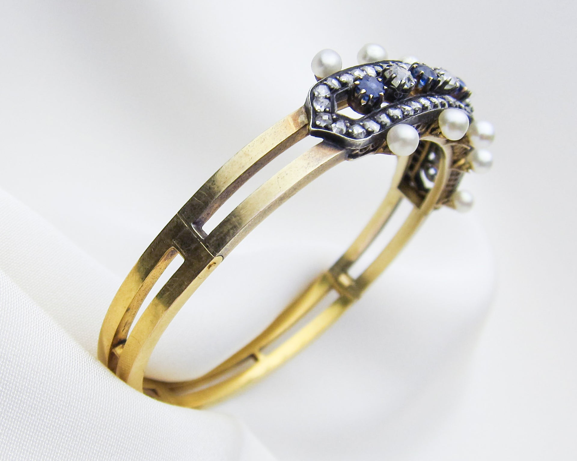 Victorian French Diamond, Sapphire & Pearl Bangle