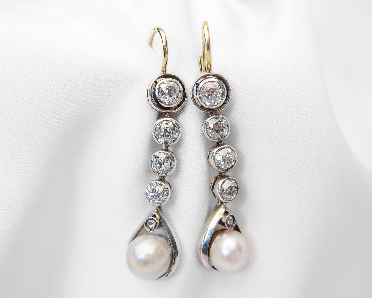 Edwardian French Diamond & Pearl Drop Earrings