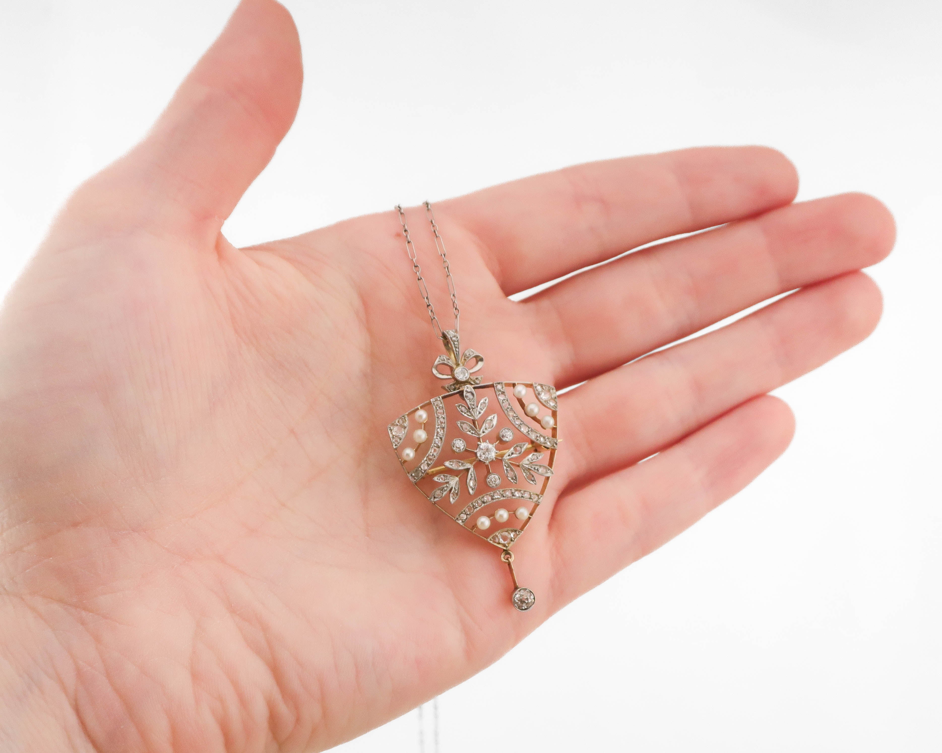 Edwardian Pearl & Diamond Filigree Pendant Necklace