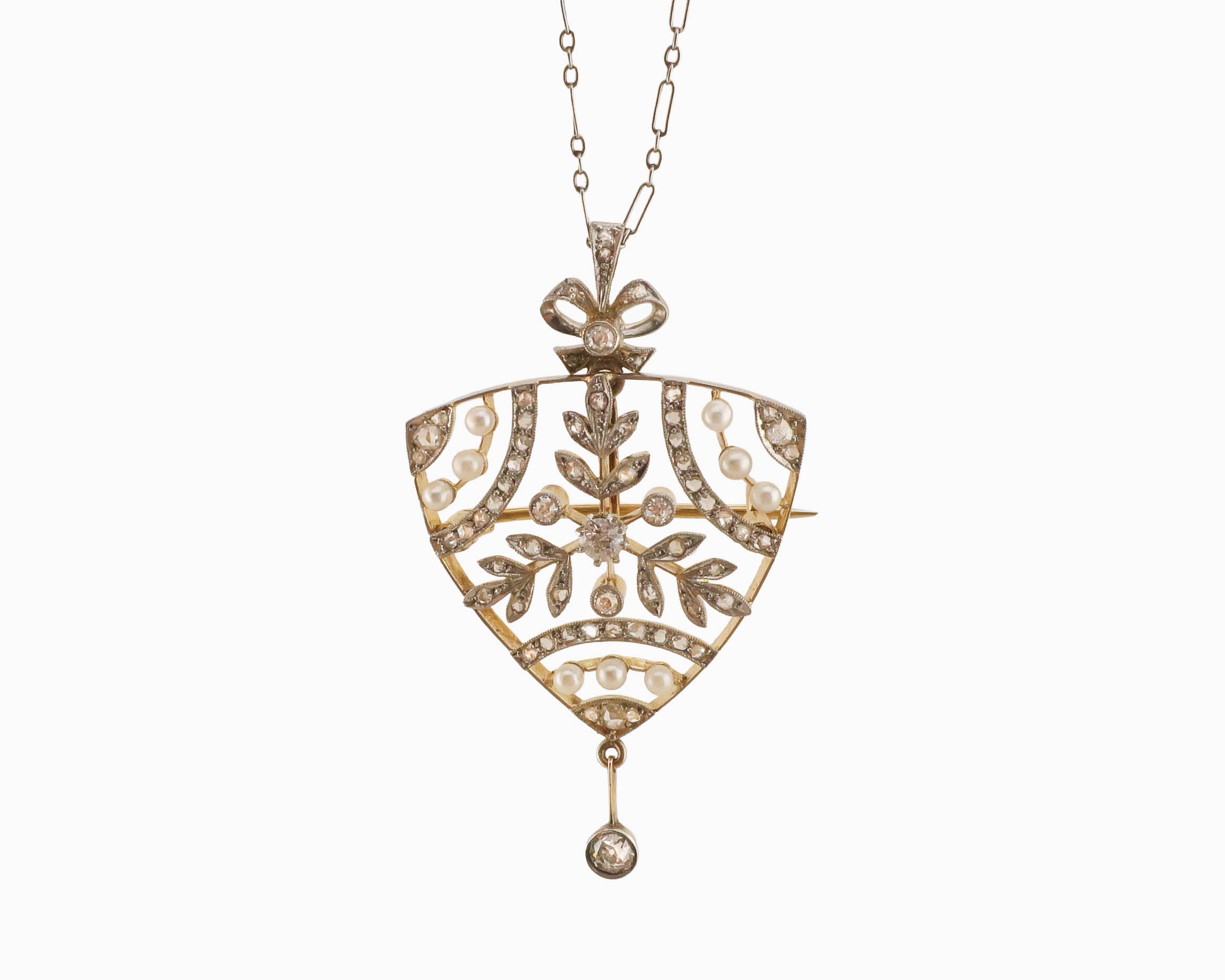 Edwardian Pearl & Diamond Filigree Pendant Necklace
