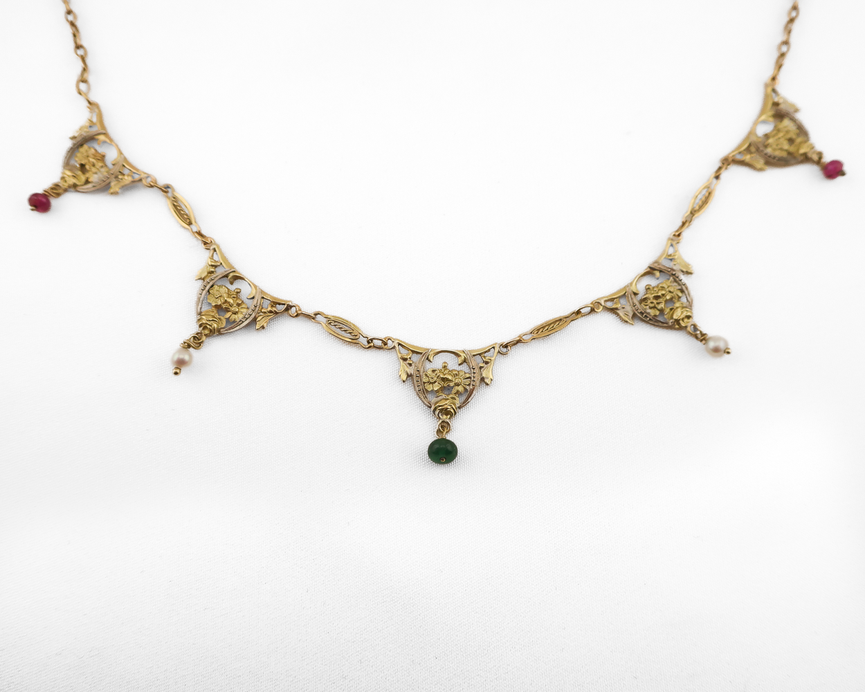 Edwardian 18KT Ruby, Pearl & Emerald Necklace