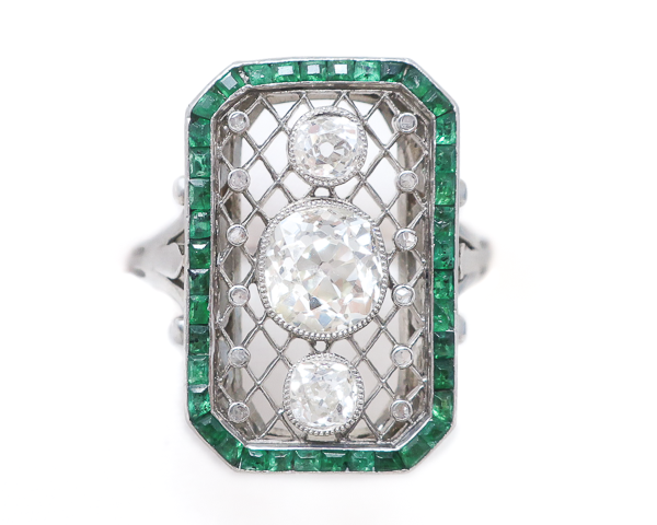 Art Deco Octagonal Diamond & Emerald Ring
