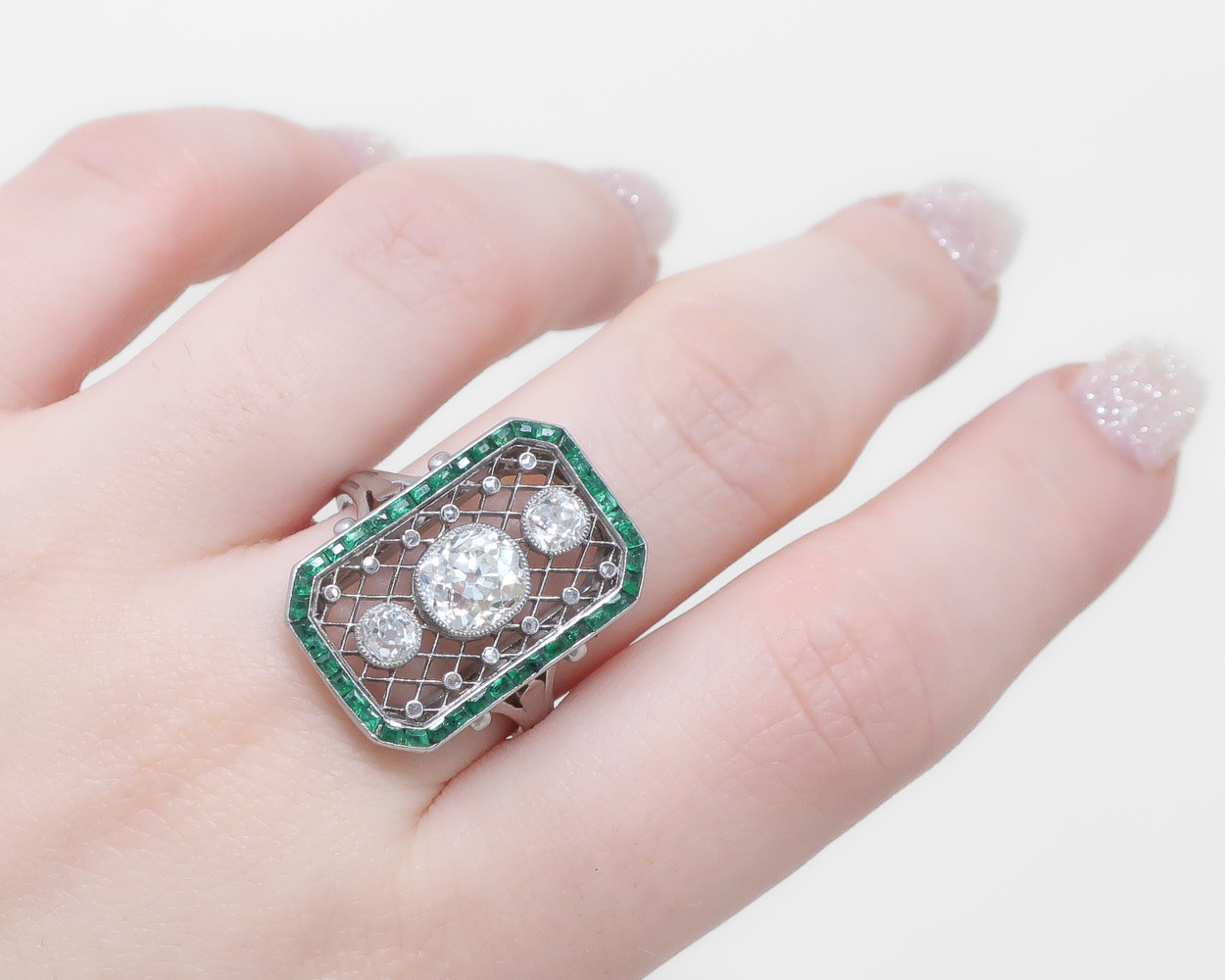 Art Deco Octagonal Diamond & Emerald Ring