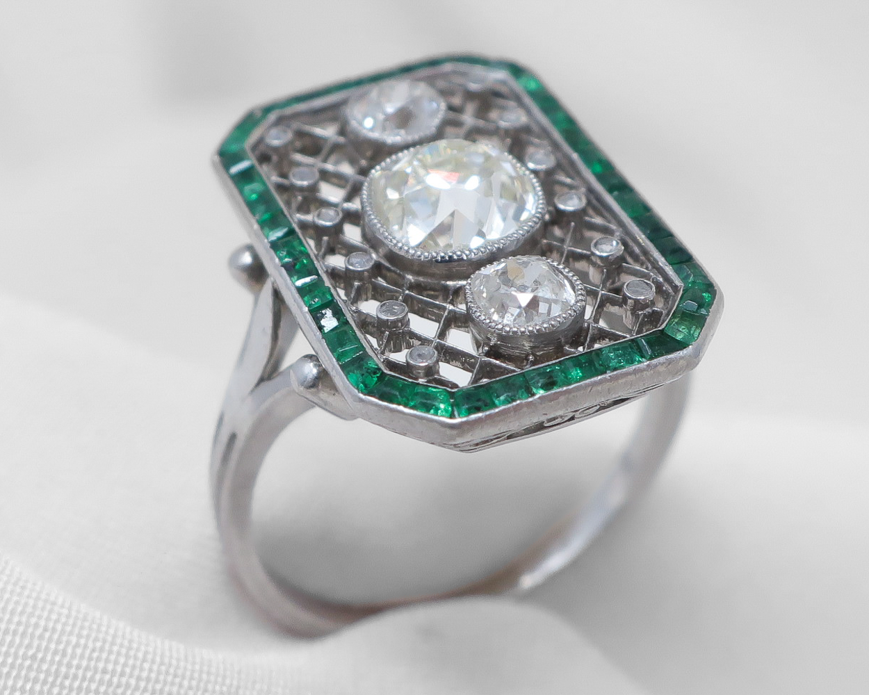 Art Deco Octagonal Diamond & Emerald Ring