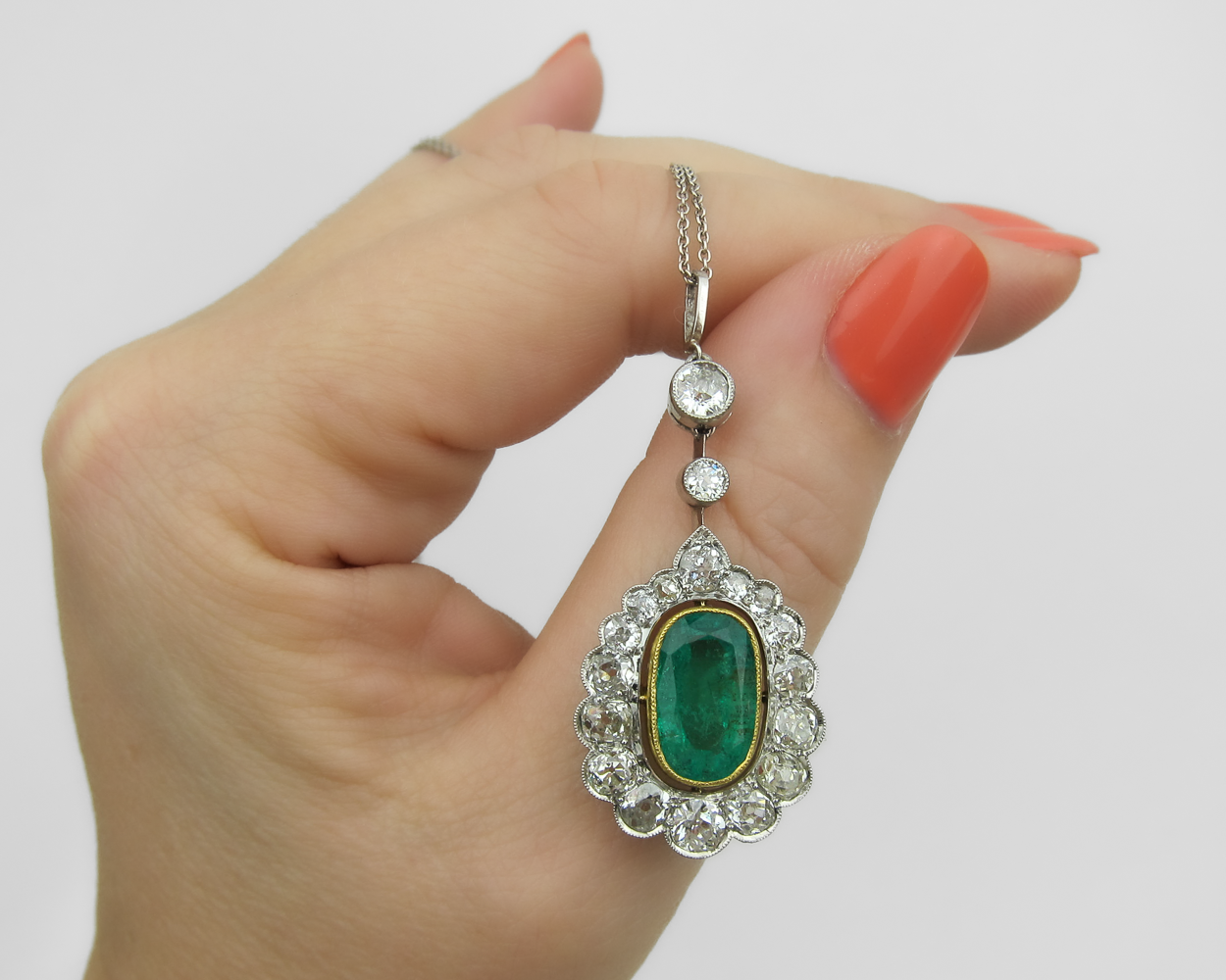 Edwardian Emerald & Diamond Halo Necklace