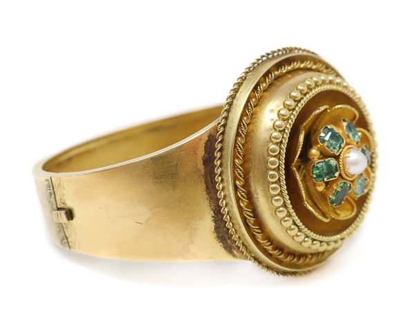 Victorian Etruscan Revival Bangle with Green Beryls
