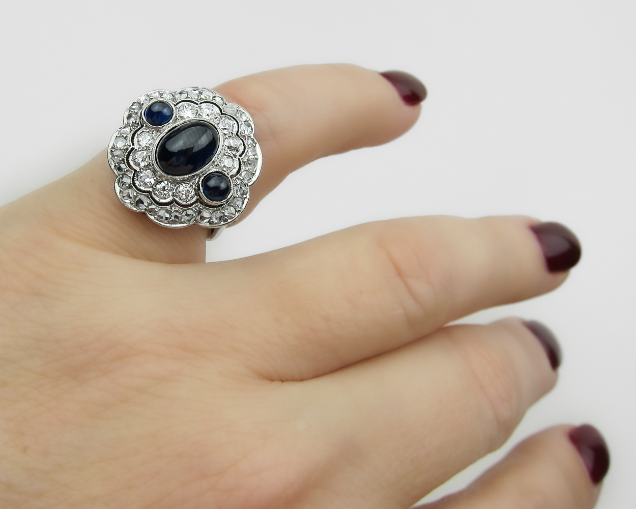 Art Deco Triple Sapphire Halo Ring