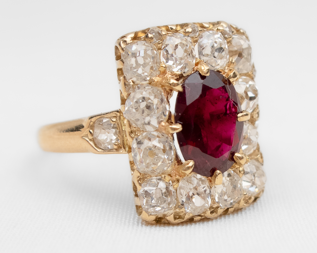 French Imperial Rectangular Ruby & Diamond Halo Ring