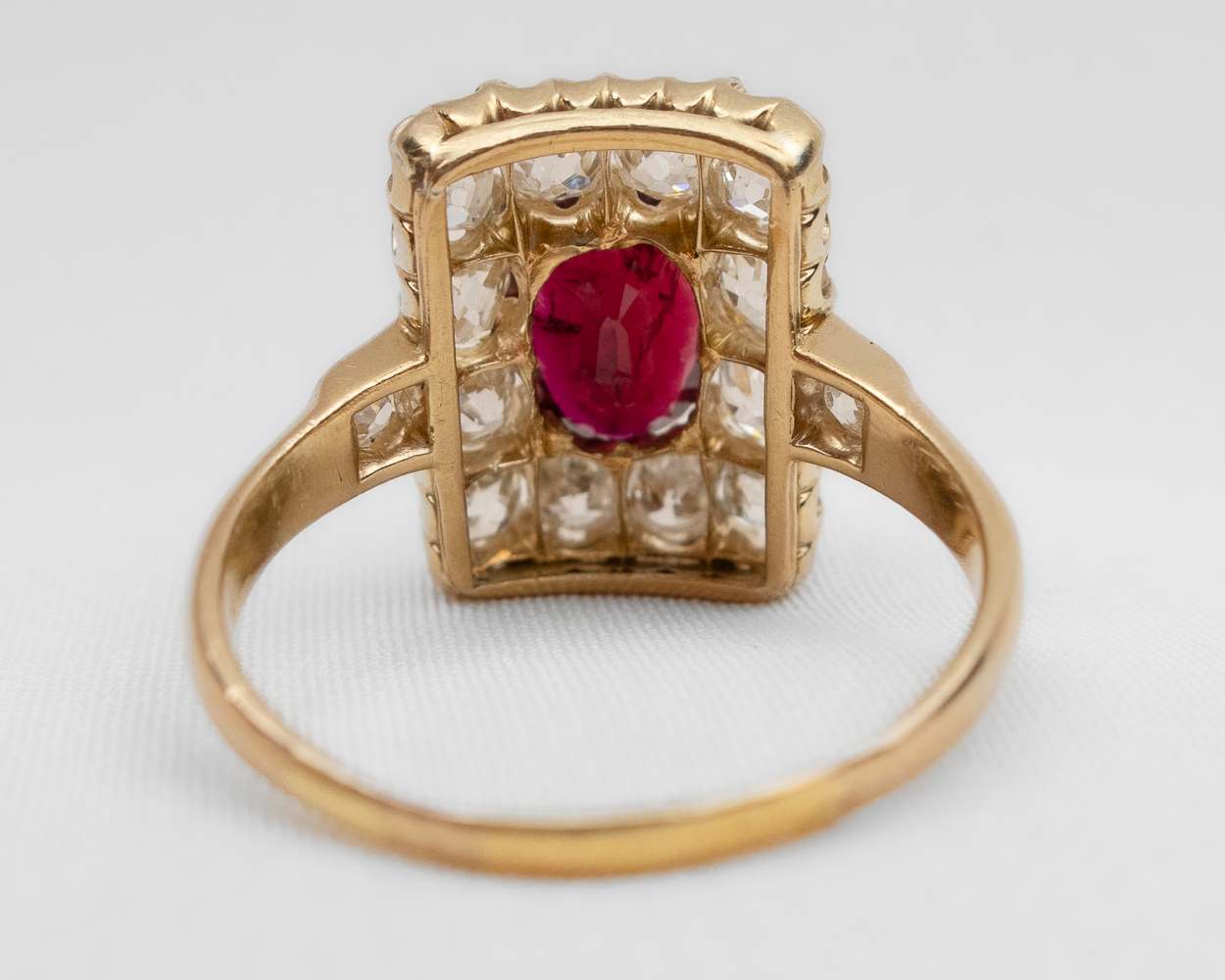 French Imperial Rectangular Ruby & Diamond Halo Ring