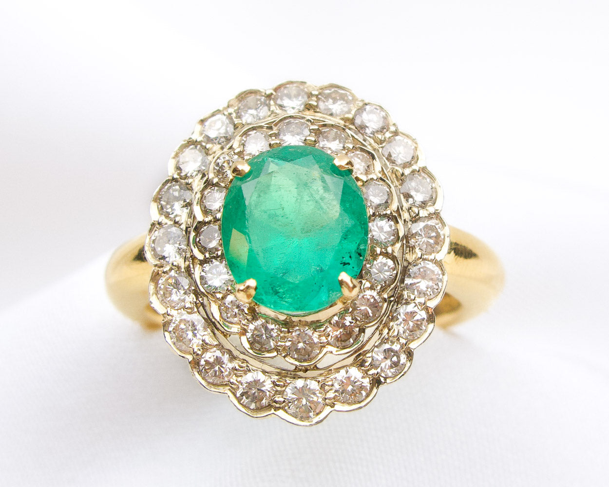 Midcentury French Emerald & Diamond Halo Ring