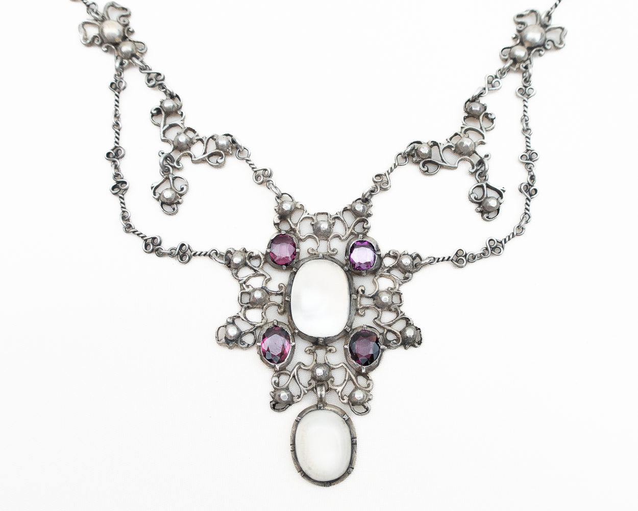Victorian Silver Moonstone & Garnet Necklace