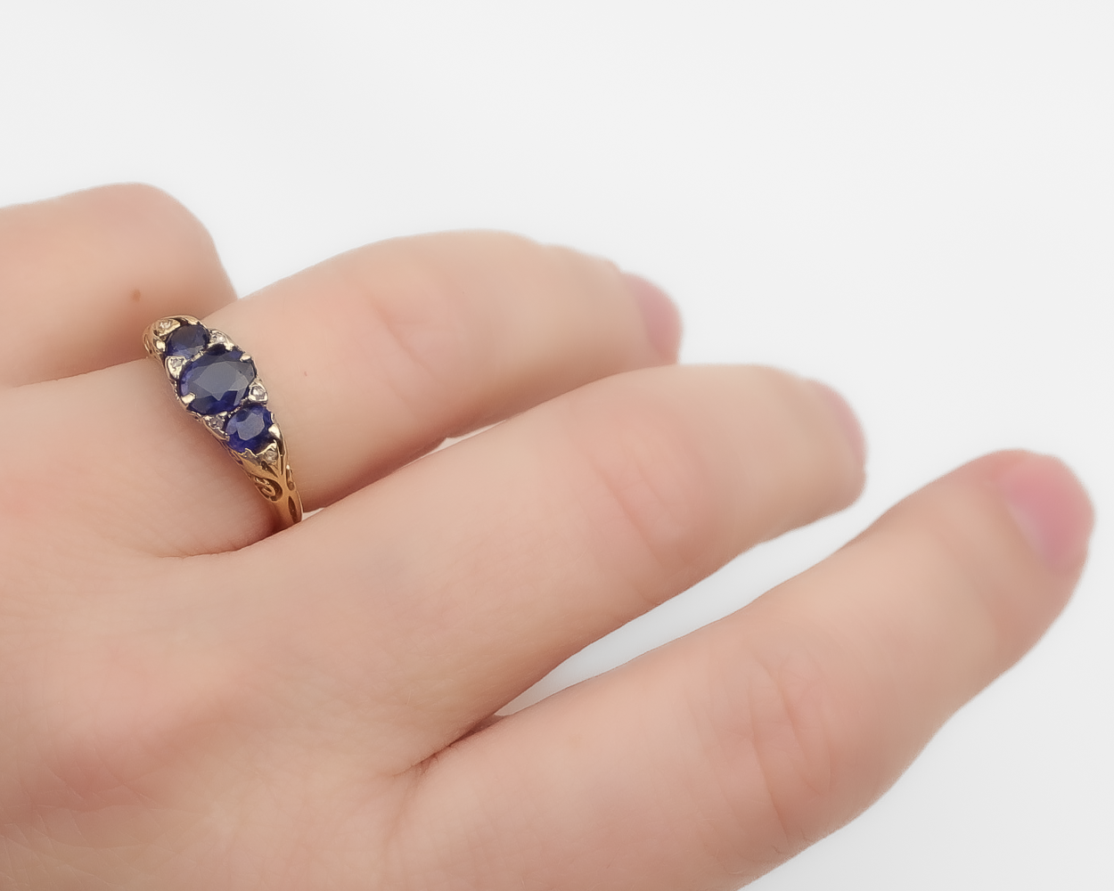 Victorian 3-Stone Sapphire Ring with Diamonds