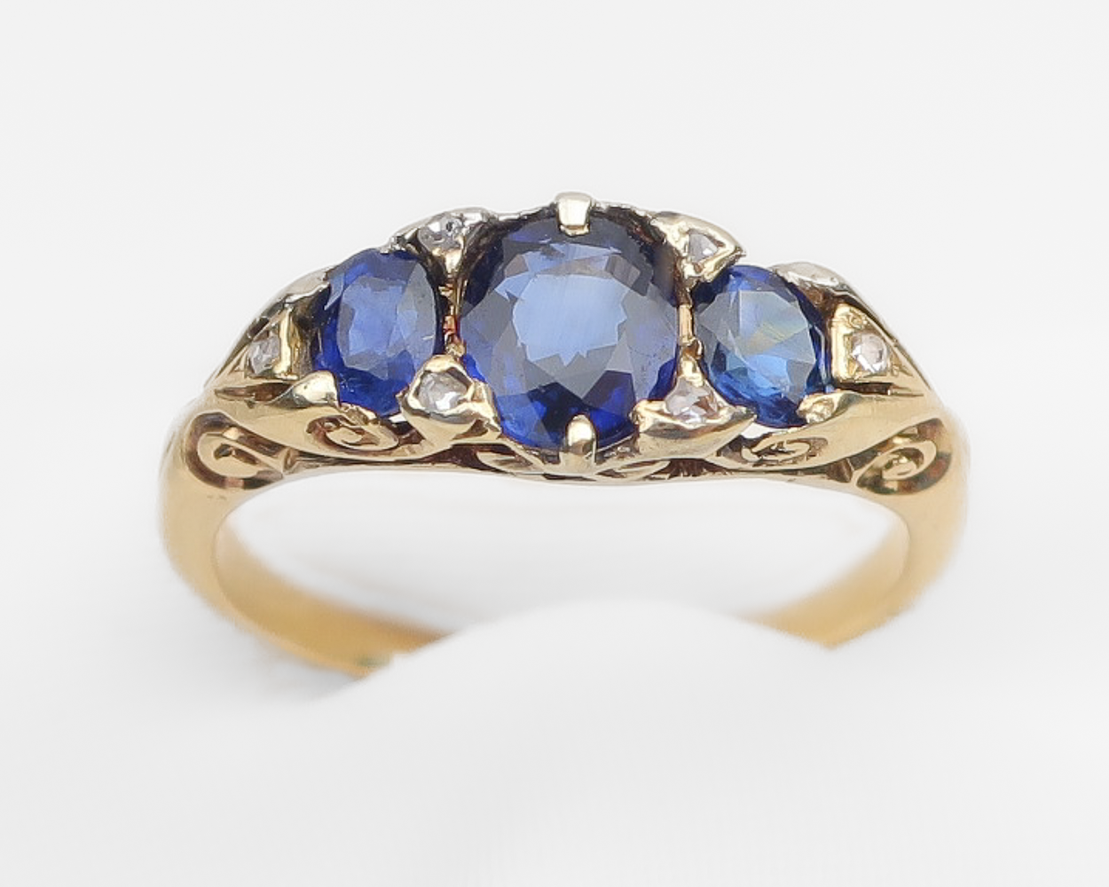 Victorian 3-Stone Sapphire Ring with Diamonds