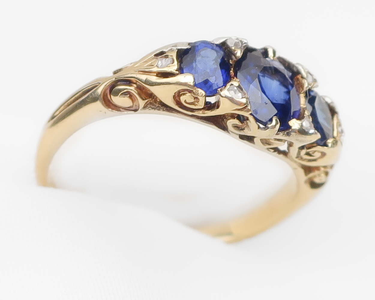 Victorian 3-Stone Sapphire Ring with Diamonds