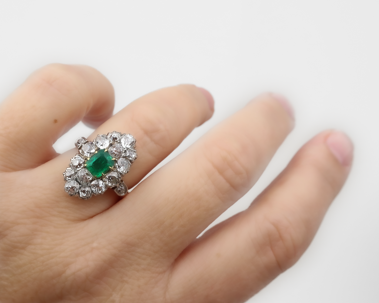 Edwardian Diamond & Emerald Navette Ring