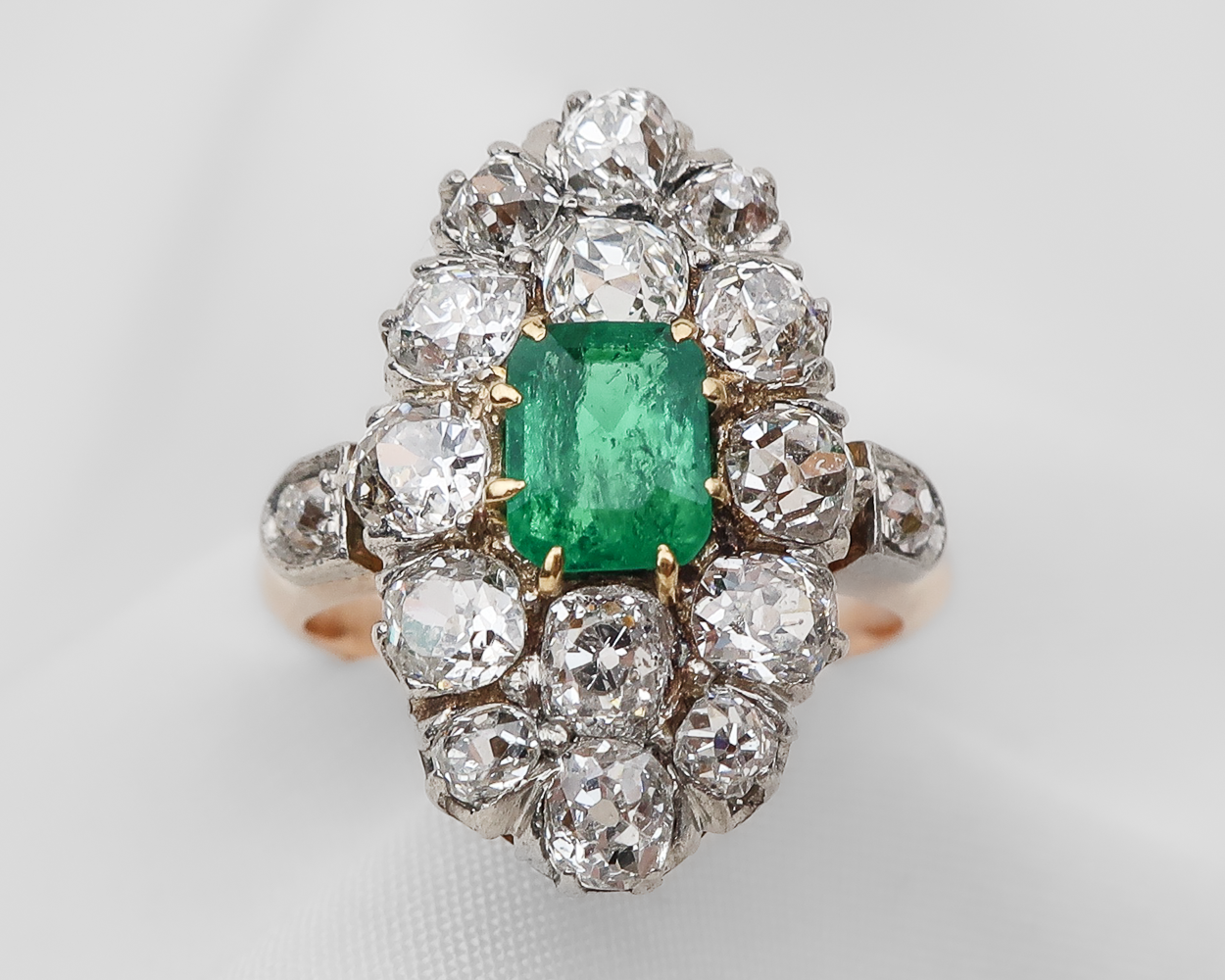 Edwardian Diamond & Emerald Navette Ring