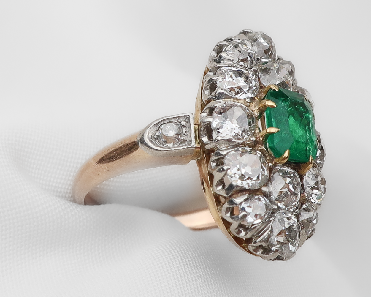 Edwardian Diamond & Emerald Navette Ring