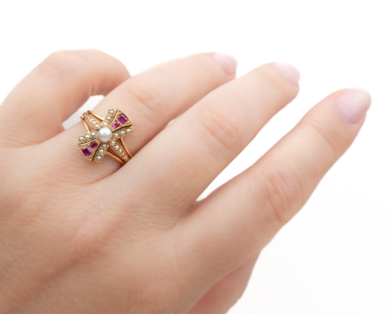 Ruby and 2025 pearl engagement ring