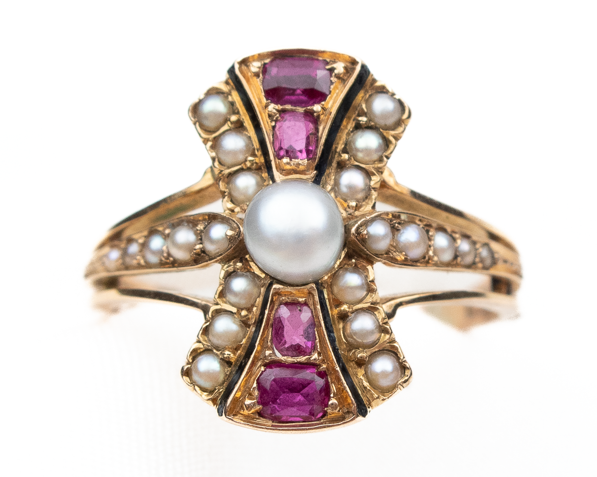 Vintage ruby clearance and pearl ring