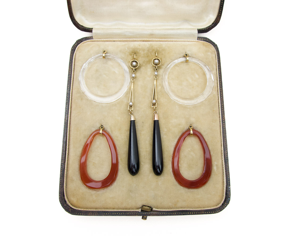 Art Deco Carnelian, Onyx, Crystal Earrings