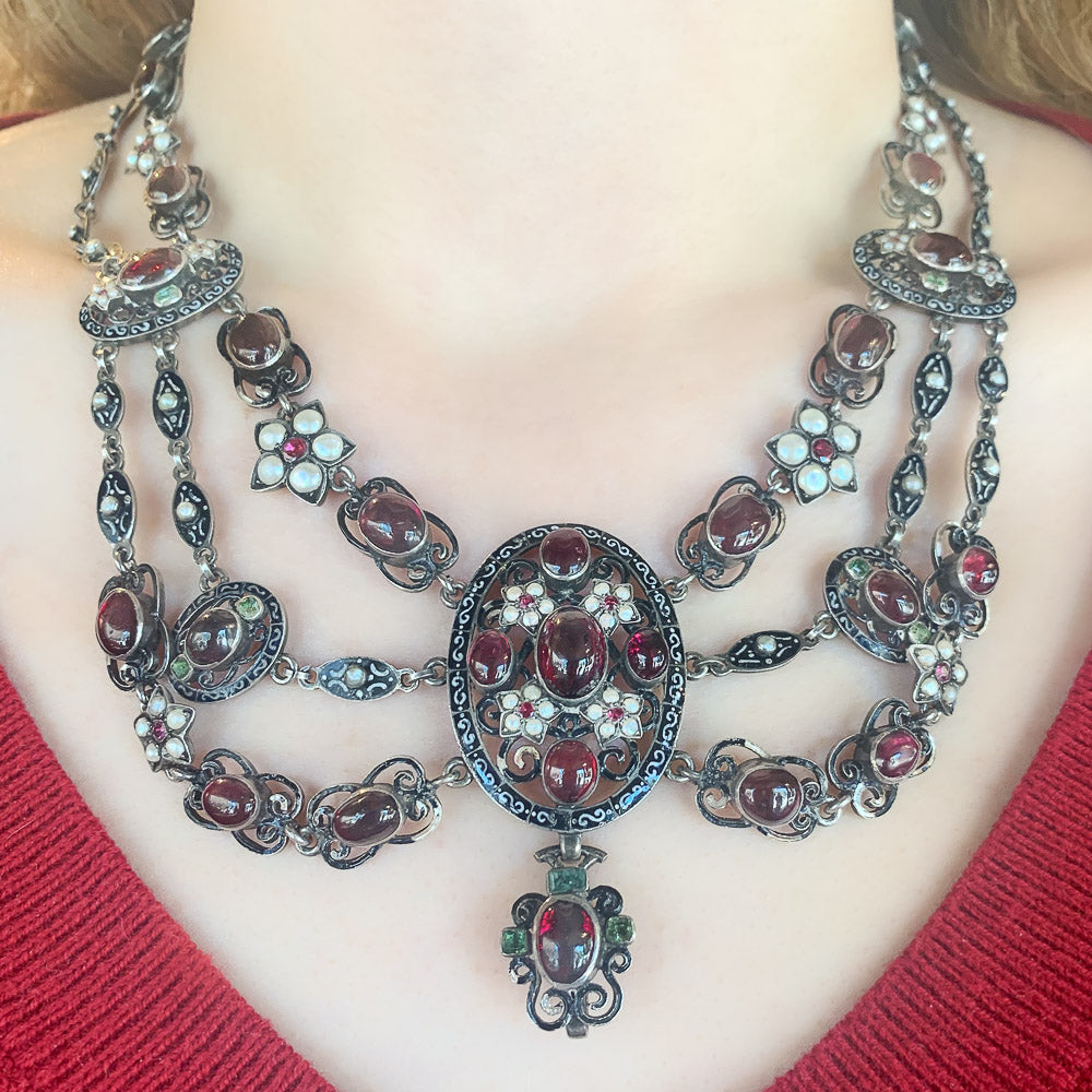 Victorian Garnet & Pearl Festoon Necklace