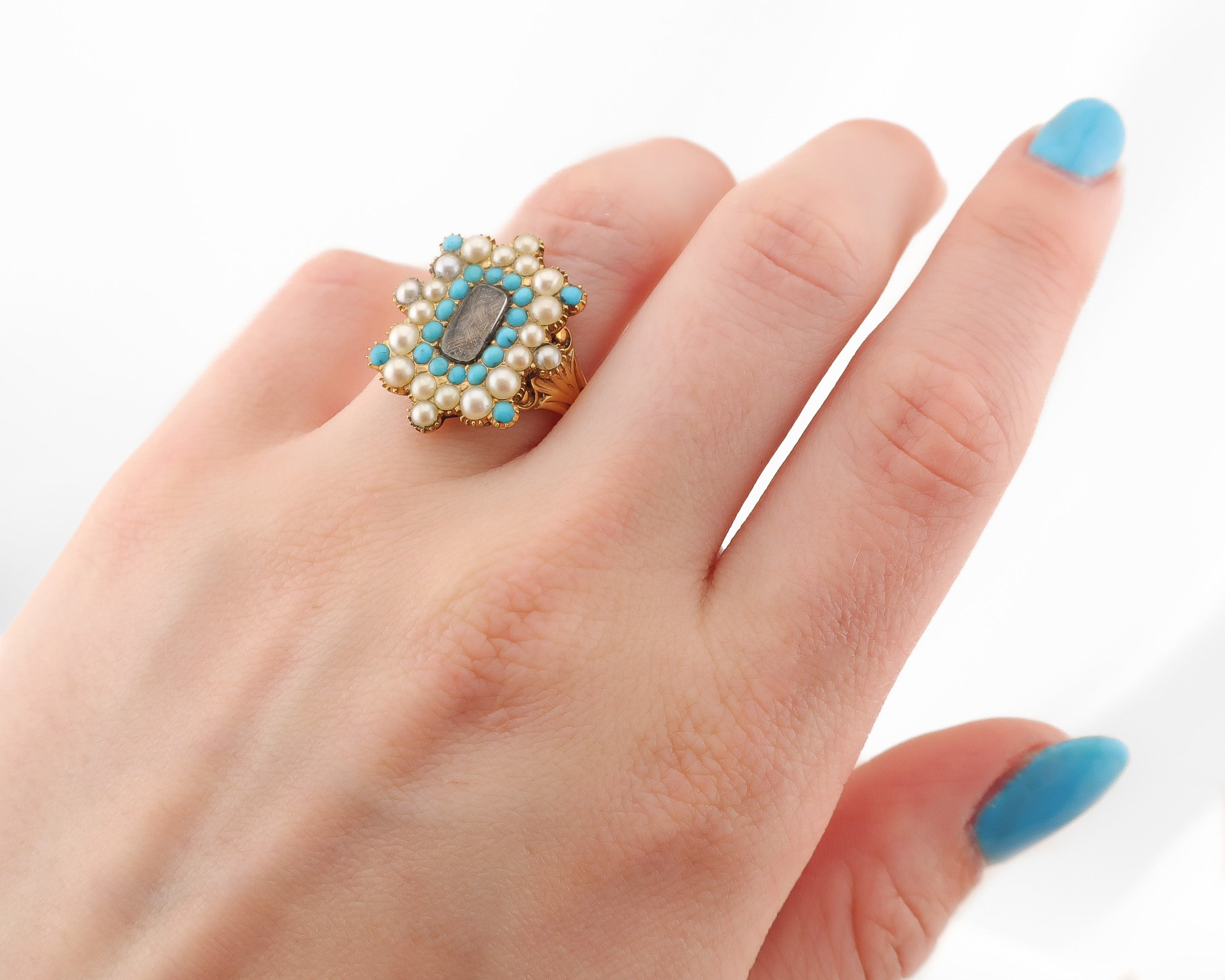 Georgian Pearl, Turquoise & Hair Memorial Ring