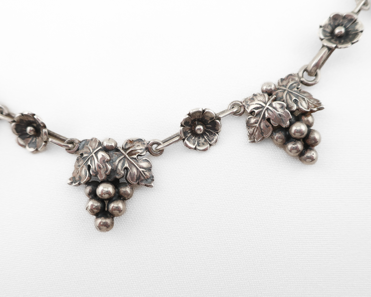 Late-Midcentury Silver Grape & Flower Necklace