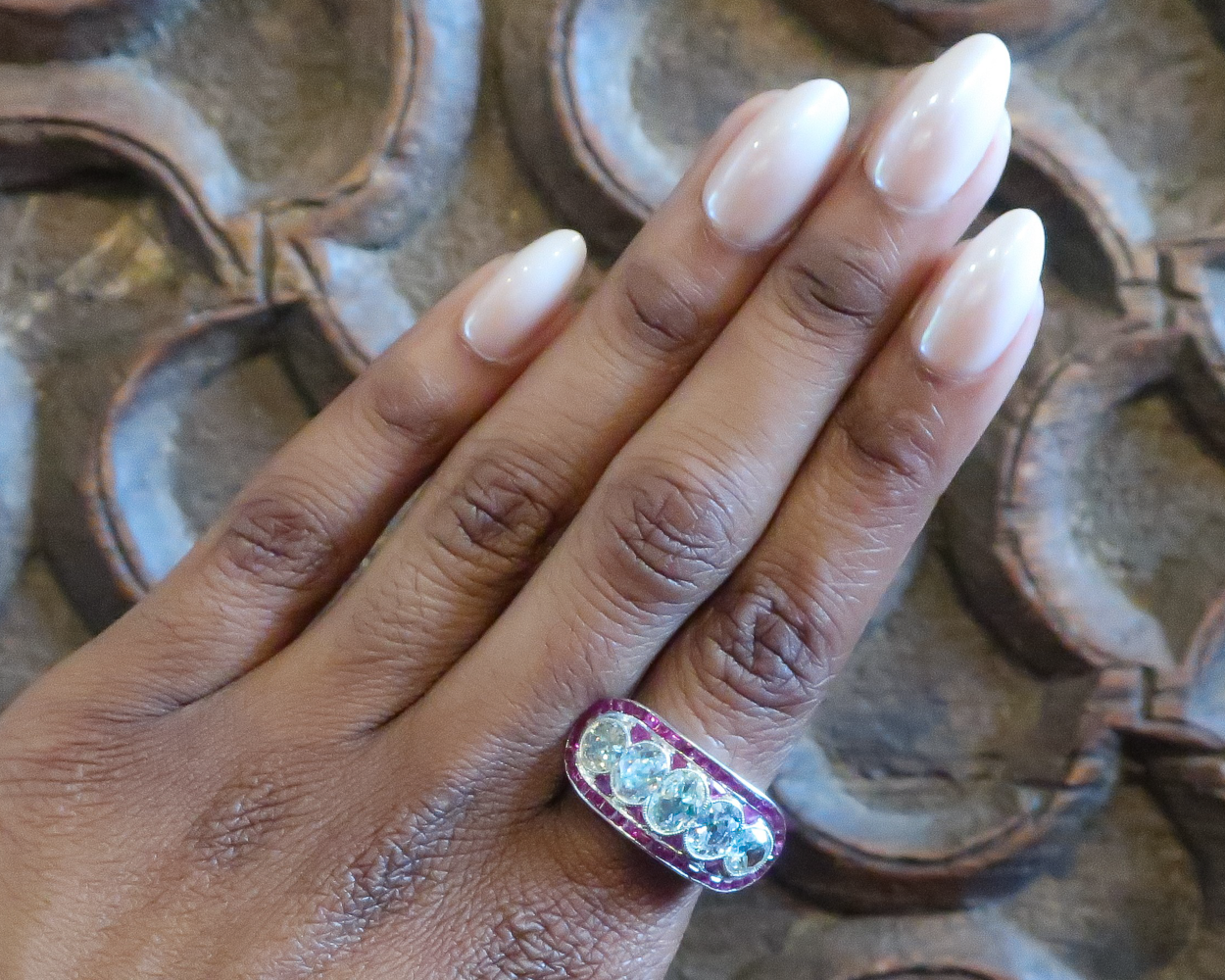 Art Deco 5-Stone Diamond Ring with Ruby Halo